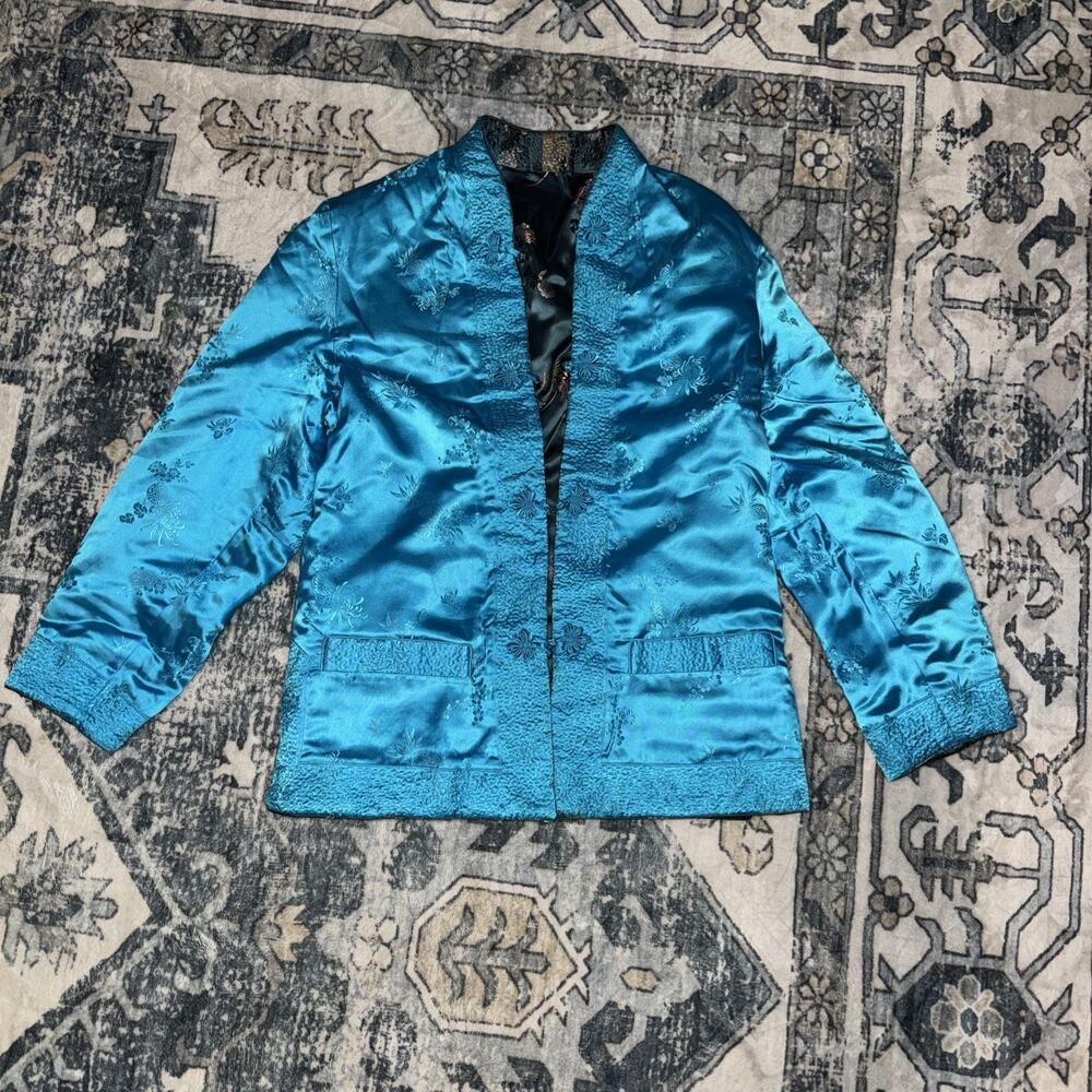 Chinese Reversible Sky Blue and Jewel Blue Patterned Jacket Size Small
